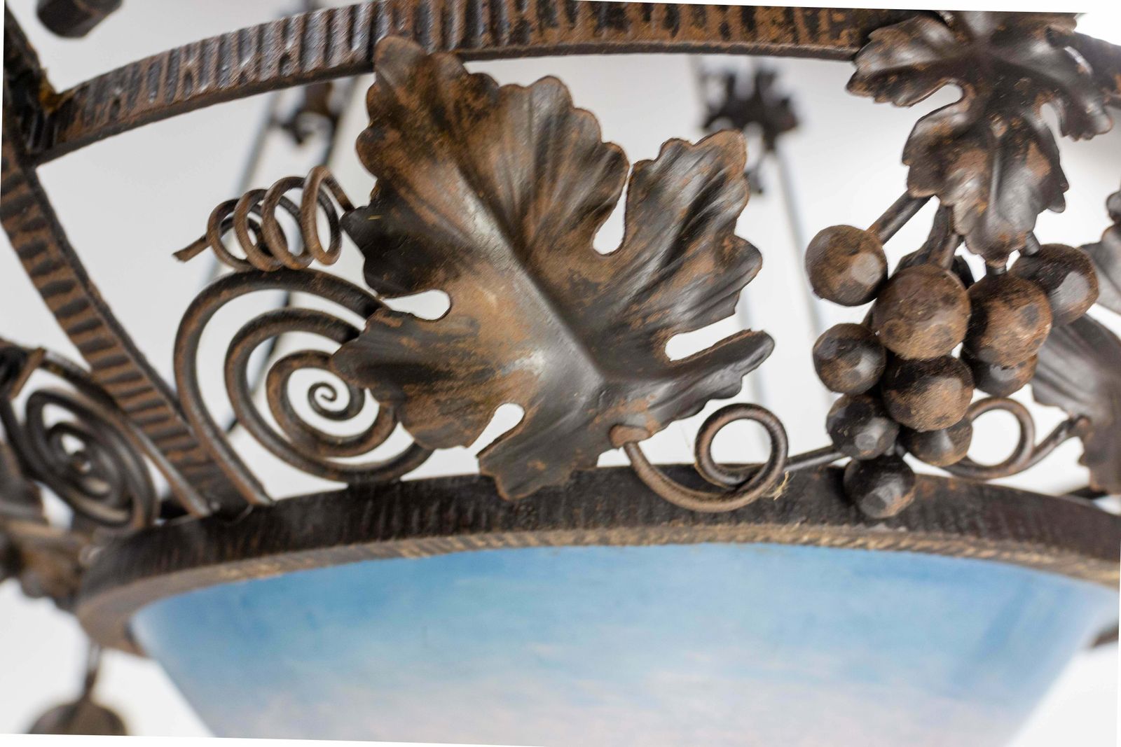 photo vinterior French Art Deco Chandelier Coloured Glass & Wrought Iron Ceiling Pendant, C 1930