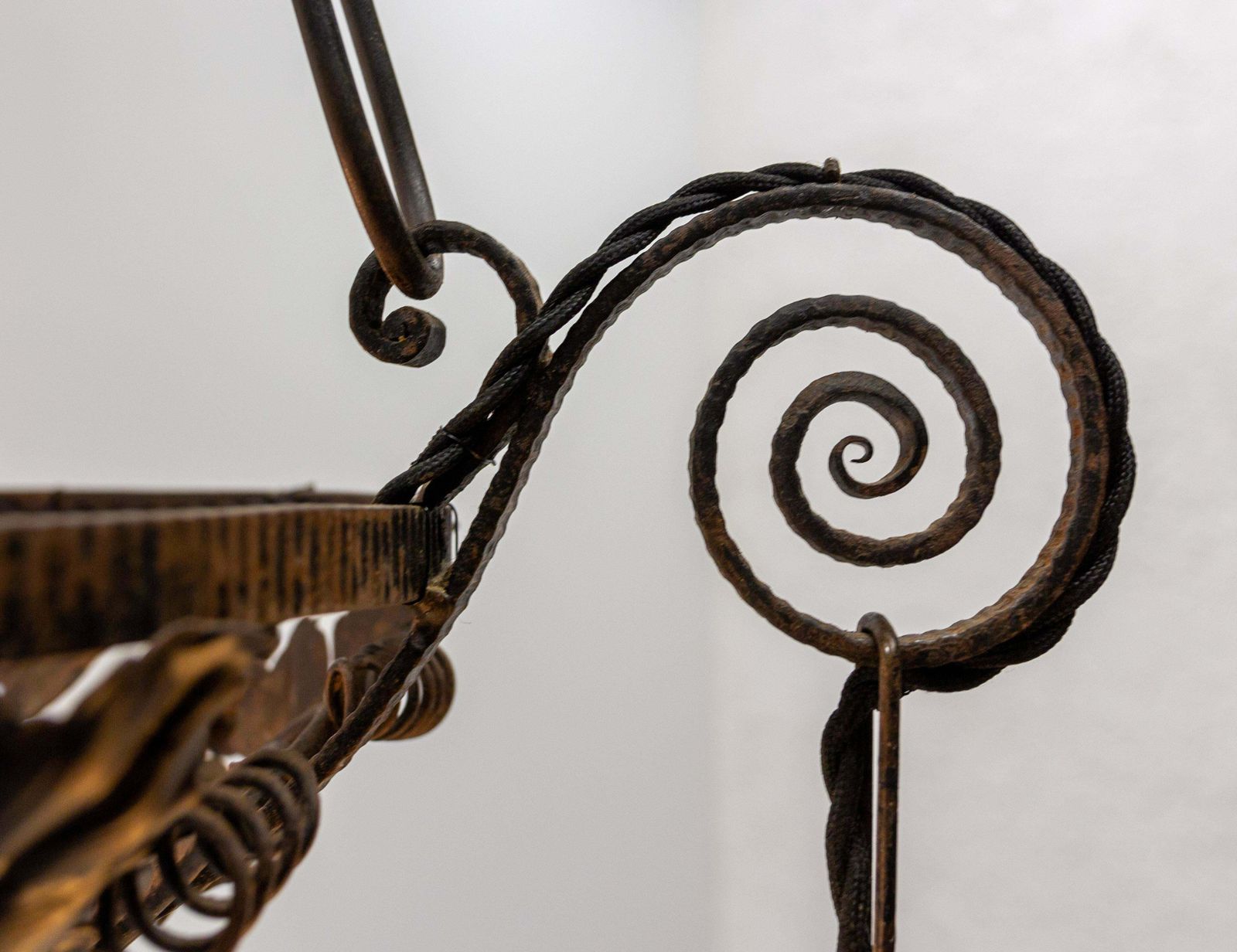 photo vintage French Art Deco Chandelier Coloured Glass & Wrought Iron Ceiling Pendant, C 1930