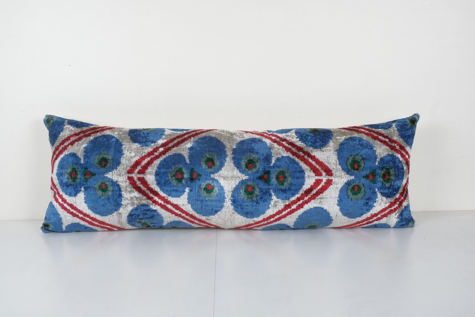 Silk Ikat Velvet Pillow, Extra Long Sky Blue Silk Ikat Lumbar Cushion Cover, Colorful Extraordinary Design Velvet 16'' X 43''