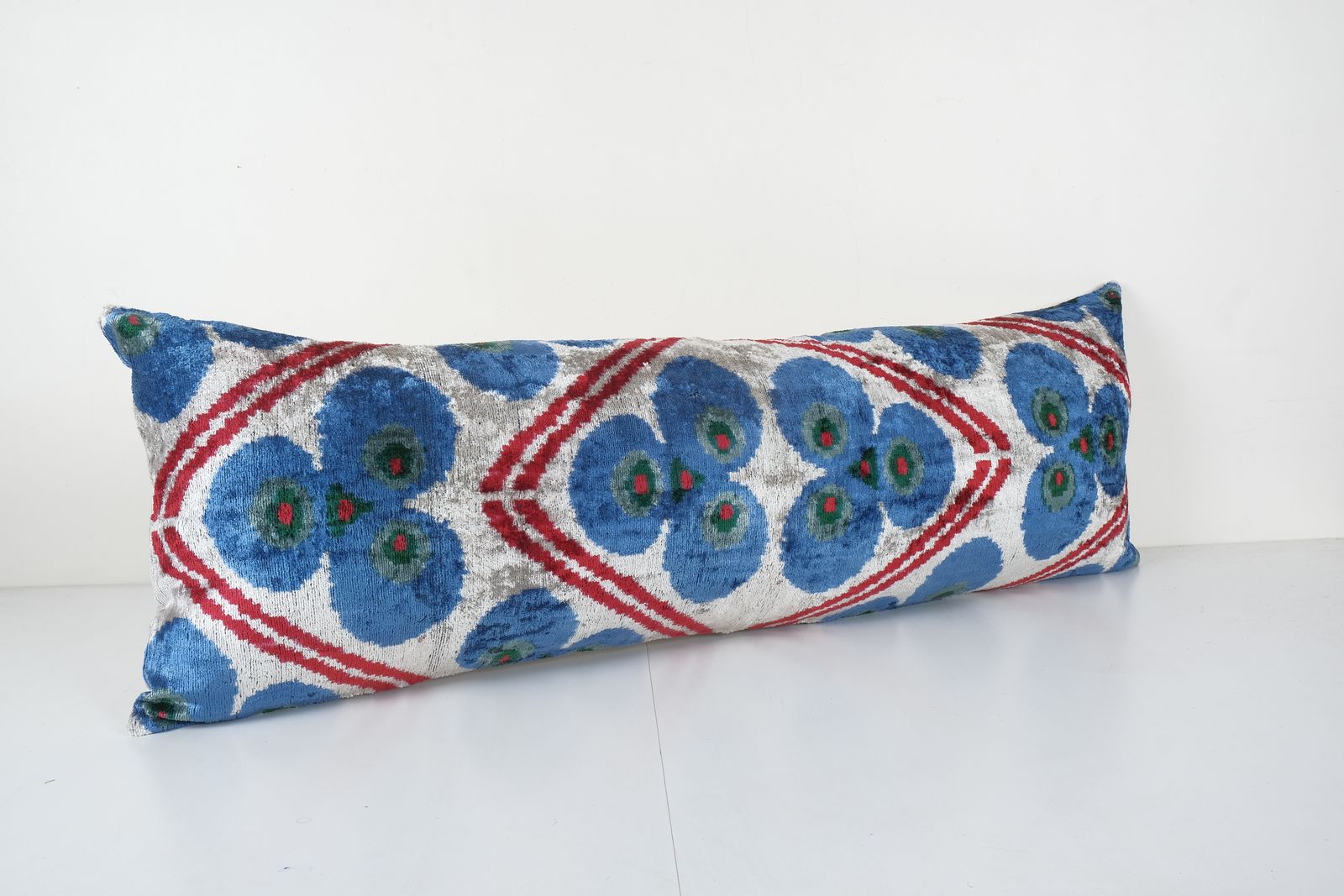 Silk Ikat Velvet Pillow, Extra Long Sky Blue Silk Ikat Lumbar Cushion Cover, Colorful Extraordinary Design Velvet 16'' X 43'' photo for sale