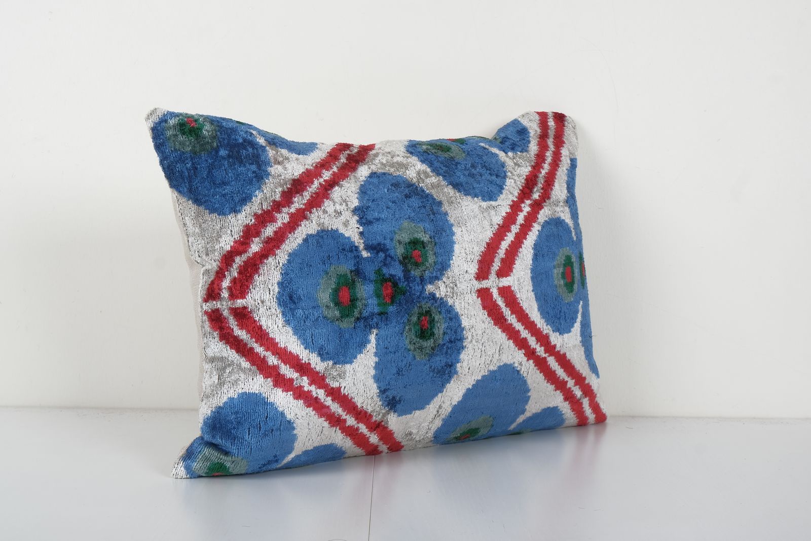 Sky Blue Ikat Velvet Pillow, Silk Lumbar Evil Eye Cushion Cover, Boho Pillow 16'' X 20'' photo furniture