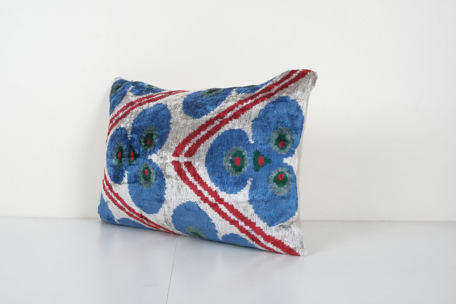 Sky Blue Ikat Velvet Pillow, Silk Lumbar Evil Eye Cushion Cover, Boho Pillow 16'' X 20'' photo for sale