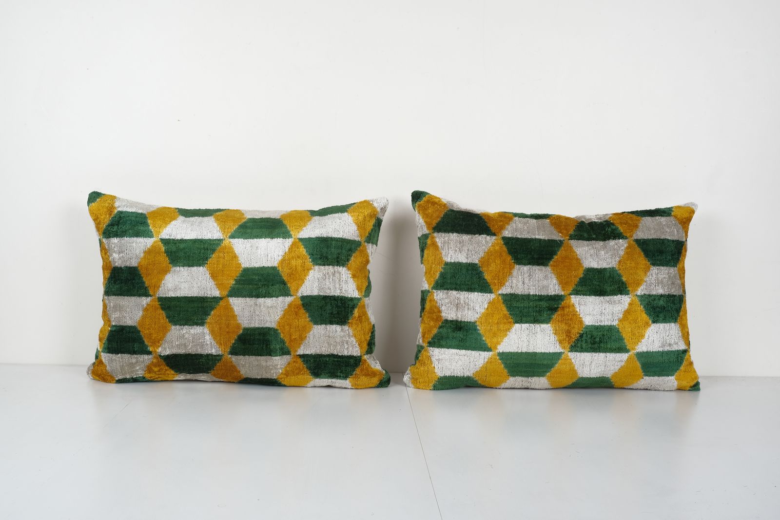 Handmade Triangle Ikat Velvet Pillow, Set Of Two Blue Woven Silk Lumbar Pillowcase, Pair Soft Couch Pillow Cover 15'' X 22''