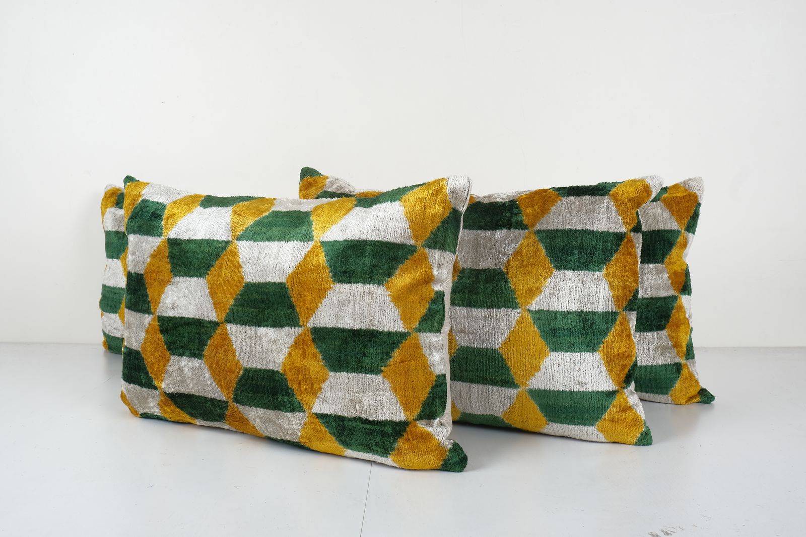 Handmade Quadrilateral Ikat Velvet Bedding Pillow, Set Of Three Yellow Woven Ikat Silk Lumbar Pillowcase photo furniture