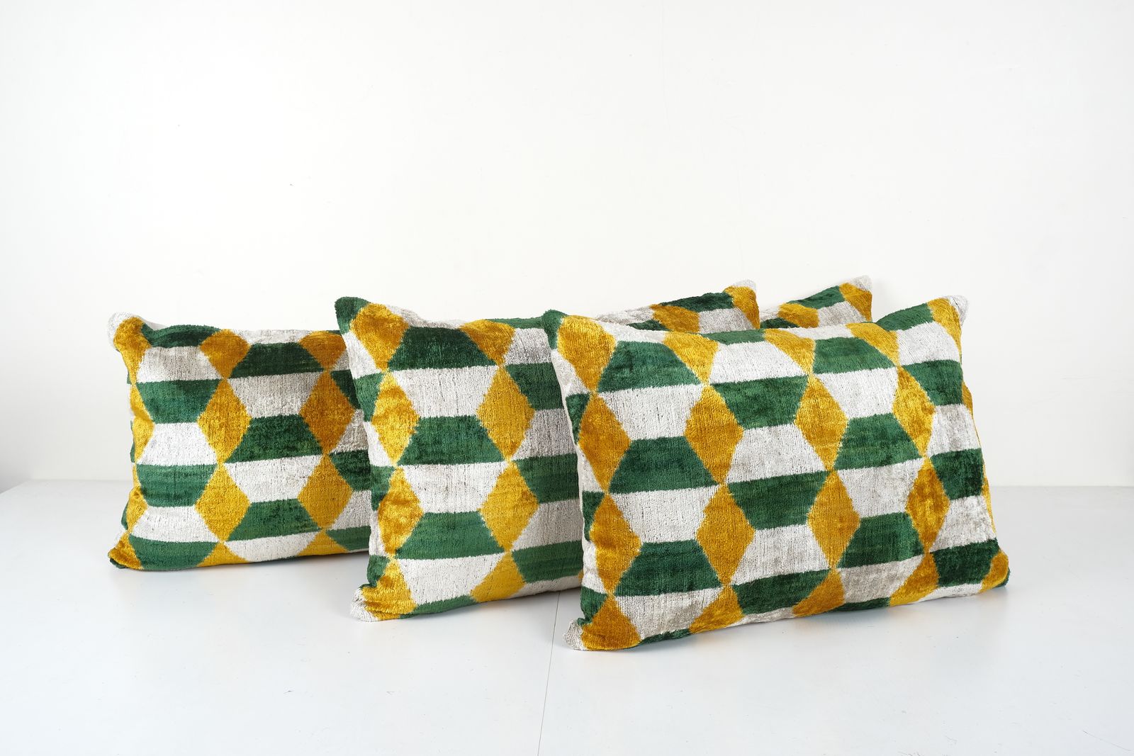 Handmade Quadrilateral Ikat Velvet Bedding Pillow, Set Of Three Yellow Woven Ikat Silk Lumbar Pillowcase photo for sale