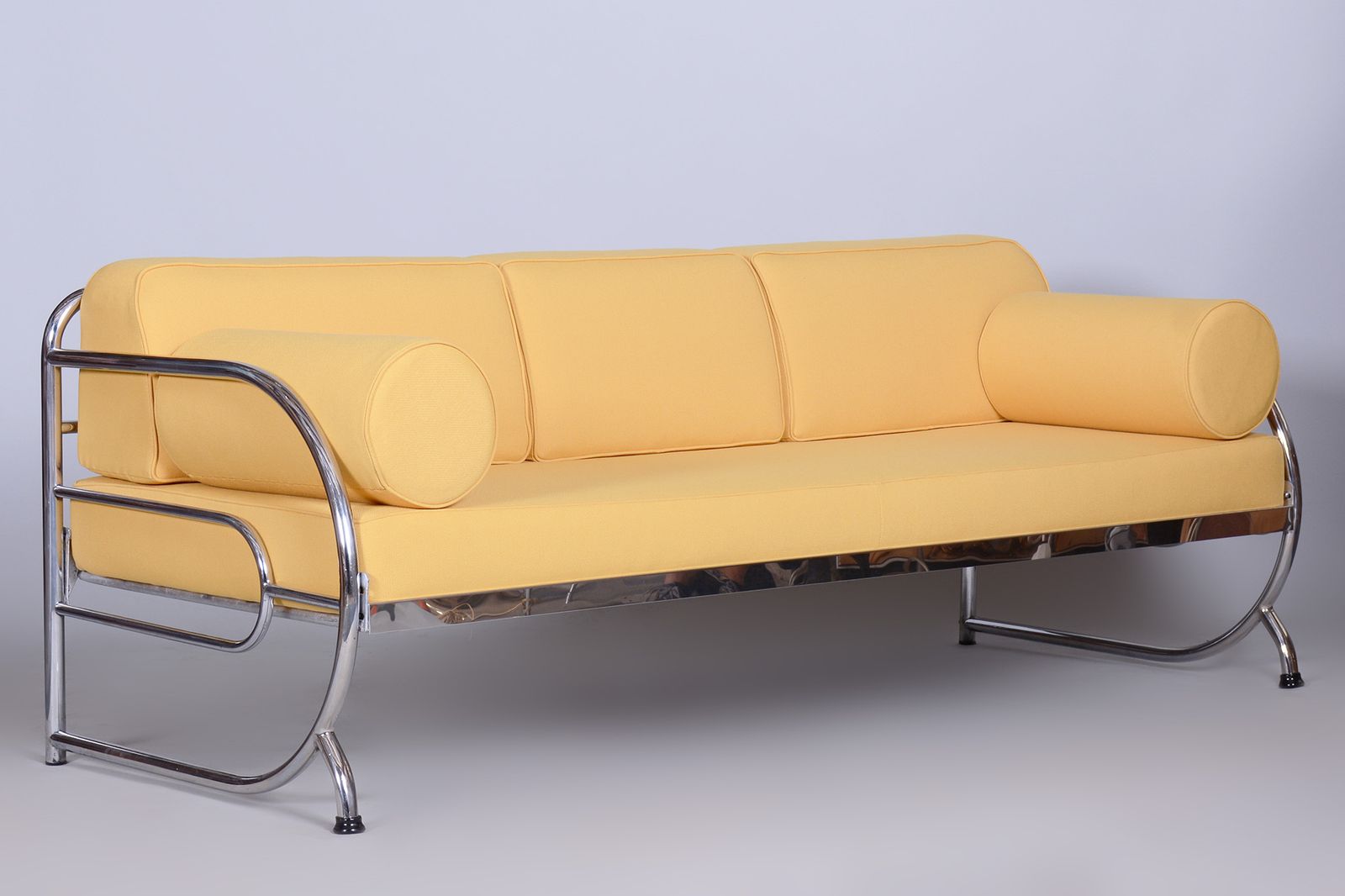 Fully Restored Bauhaus Yellow High Quality Leather Tubular Chrome Sofa, Robert Slezák, Czechia, 1930s photo vintage