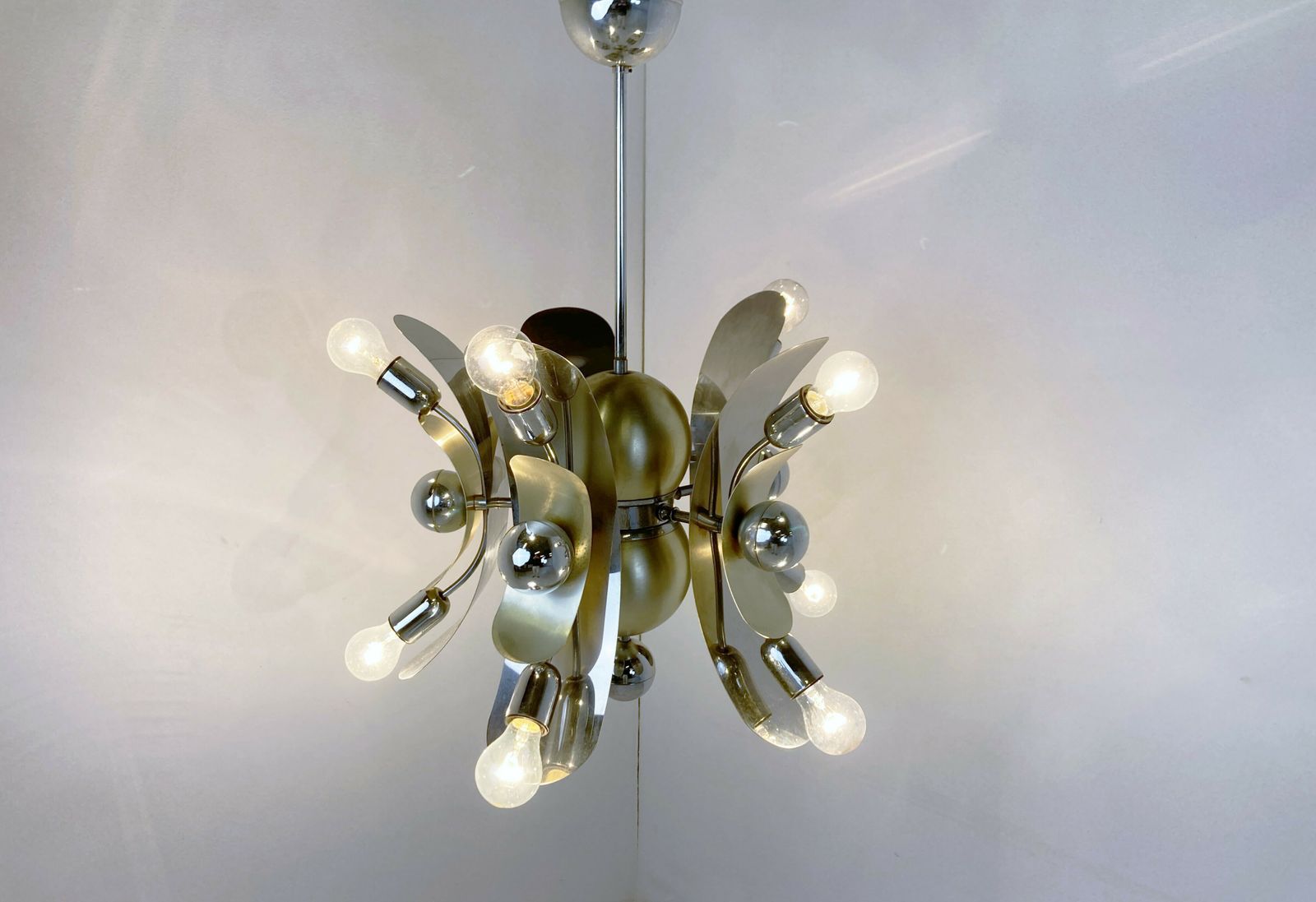 Vintage Italian Chrome And Brass Chandelier, 1970s photo furniture
