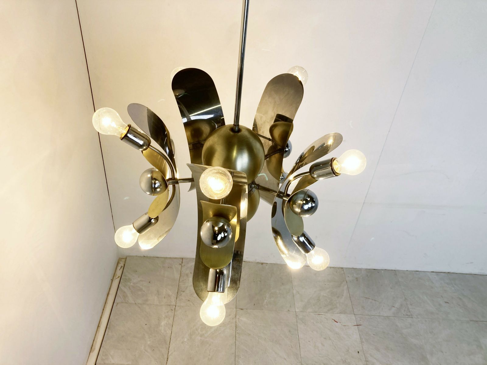Vintage Italian Chrome And Brass Chandelier, 1970s photo for sale