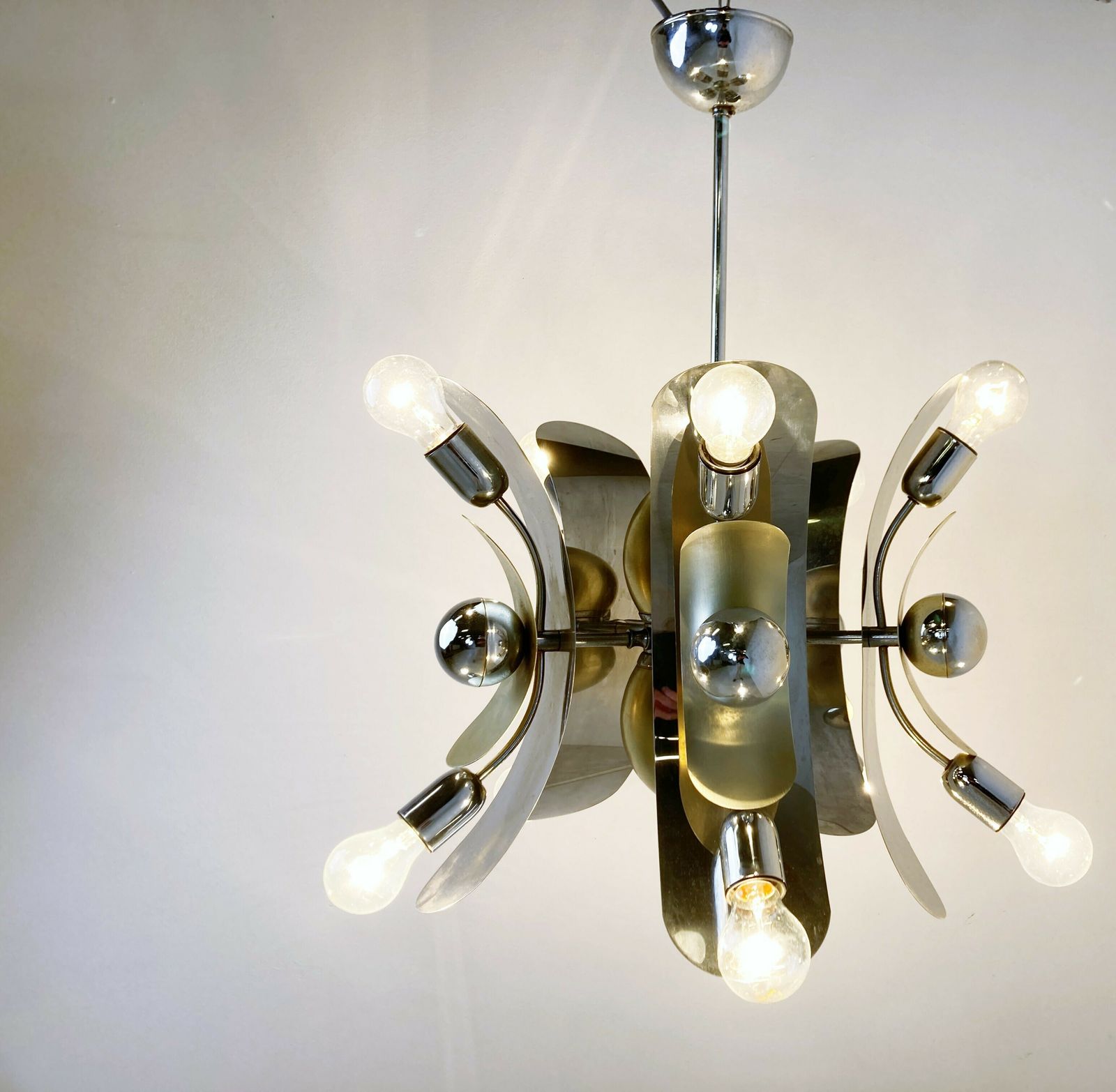 Vintage Italian Chrome And Brass Chandelier, 1970s photo Lighting