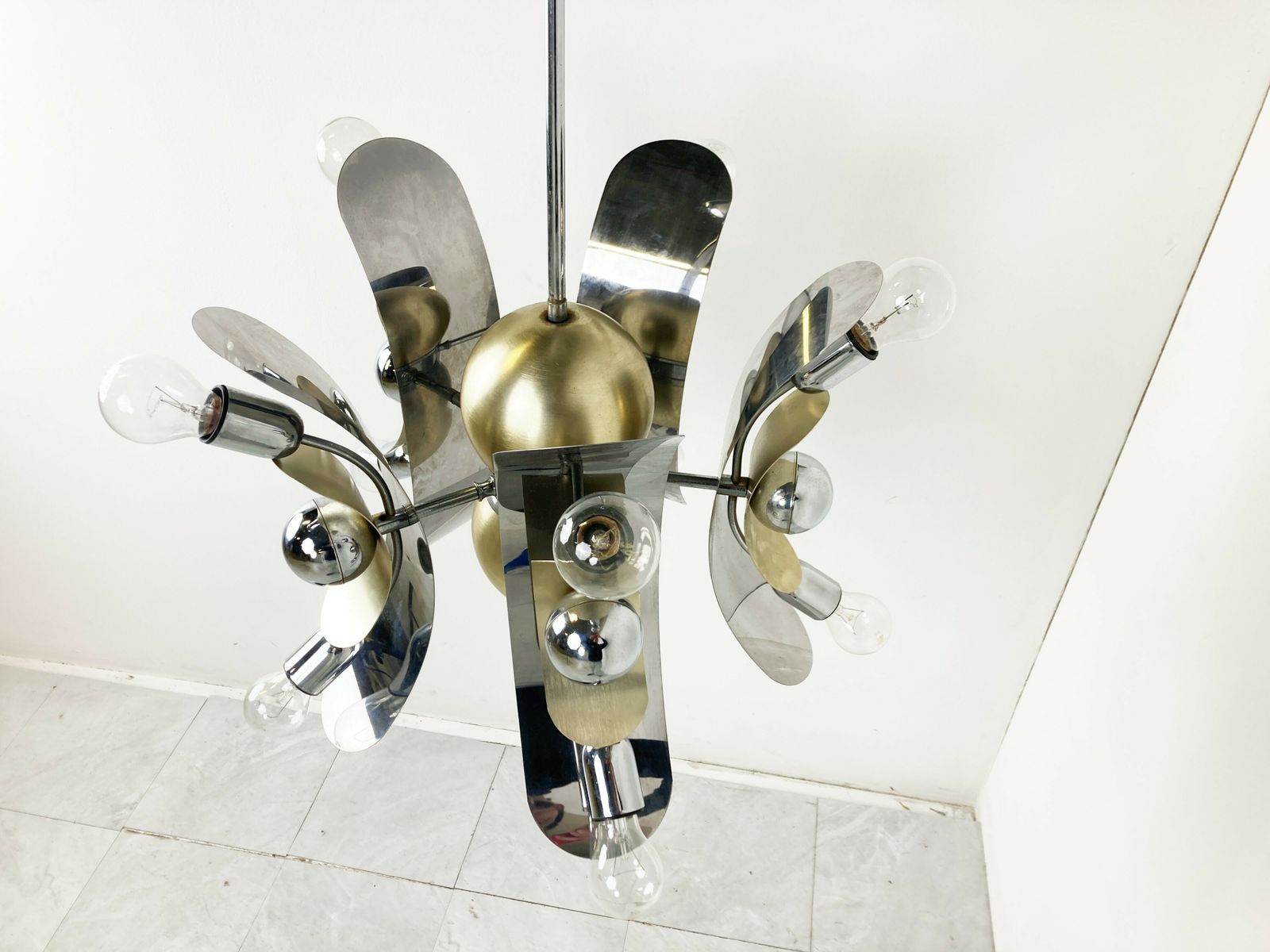 Vintage Italian Chrome And Brass Chandelier, 1970s photo vinterior