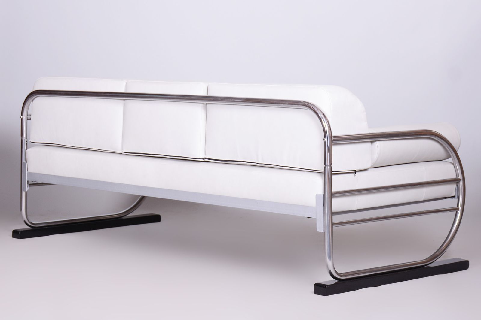 Restored Bauhaus White Leather Tubular Chrome Sofa, Robert Slezák, 1930s photo buy
