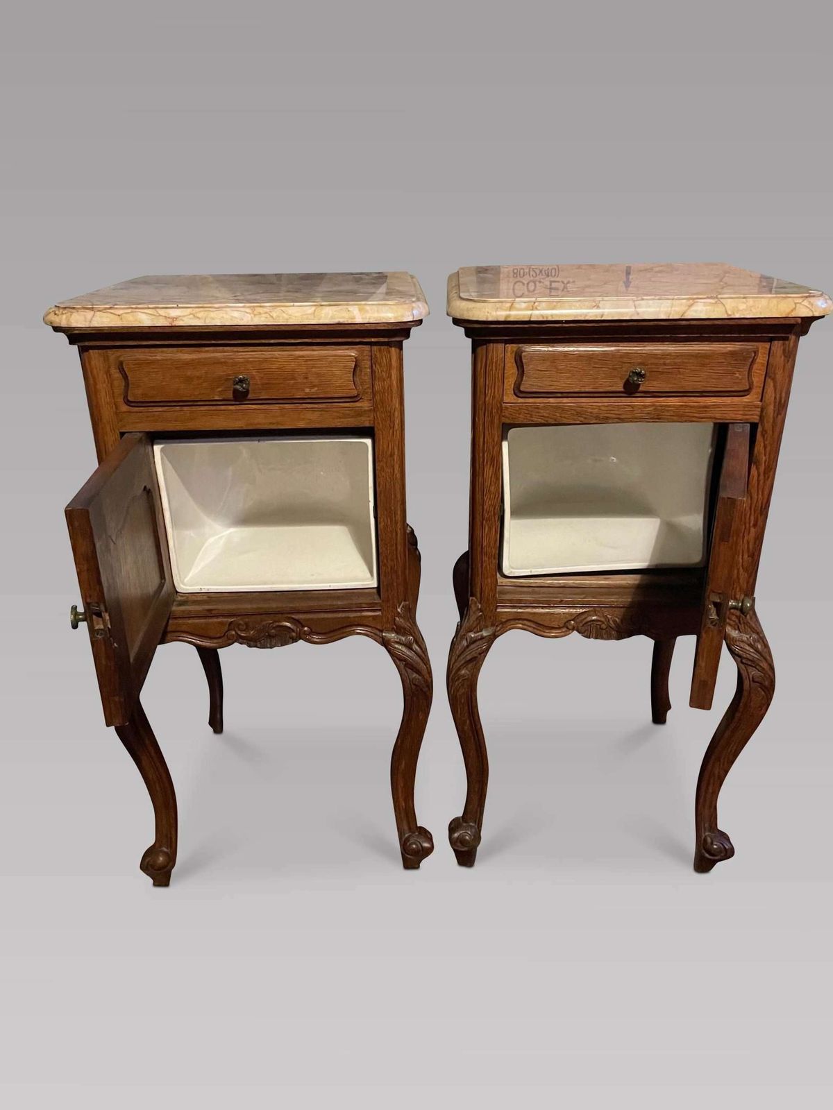 Pair Of French Louis XV Style Oak Bedside Cabinets With Breccia Marble Tops photo furniture