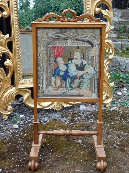 Antique Mahogany Firescreen With Tapestry Panel