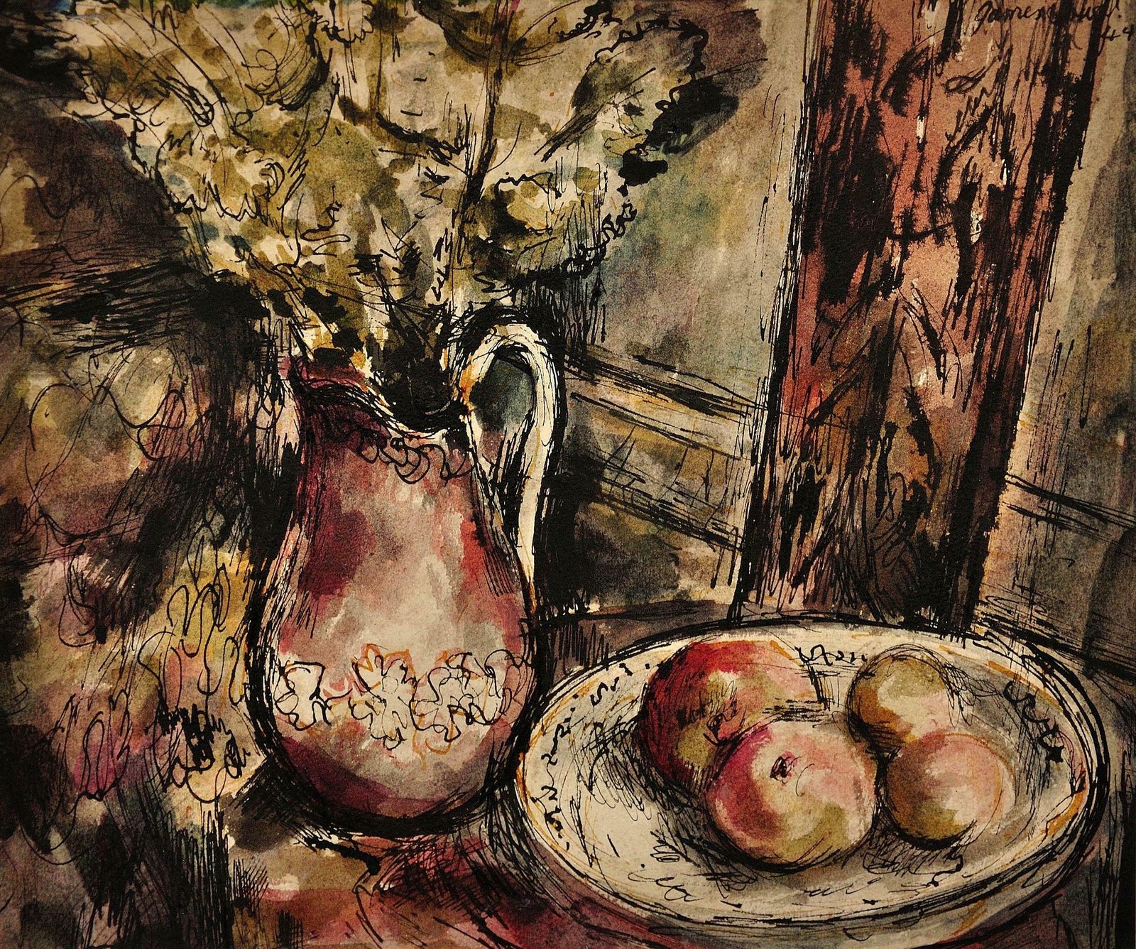 James Tower 1919 To 1988. English. Still Life Of Flowers In A Jug And A Bowl Of Apples, 1944. Framed Wartime Watercolour By A Renowned Ceramics Artist photo furniture