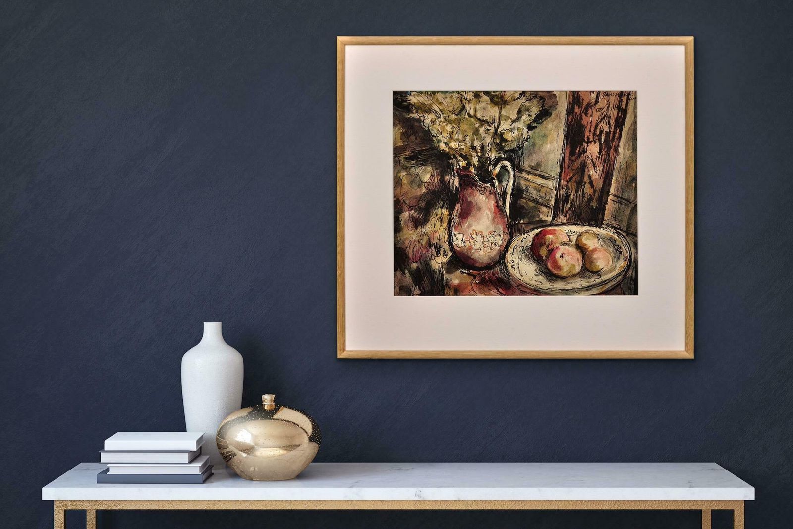 photo furniture James Tower 1919 To 1988. English. Still Life Of Flowers In A Jug And A Bowl Of Apples, 1944. Framed Wartime Watercolour By A Renowned Ceramics Artist