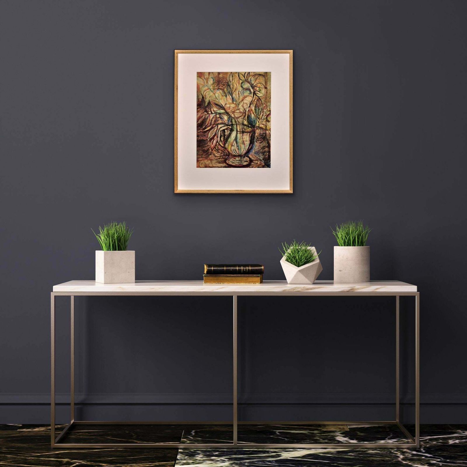 James Tower 1919 To 1988. English. Still Life Of Cut Flowers In A Pottery Jug, 1945. Framed Wartime Watercolour By A Respected Ceramics Artist. photo vintage