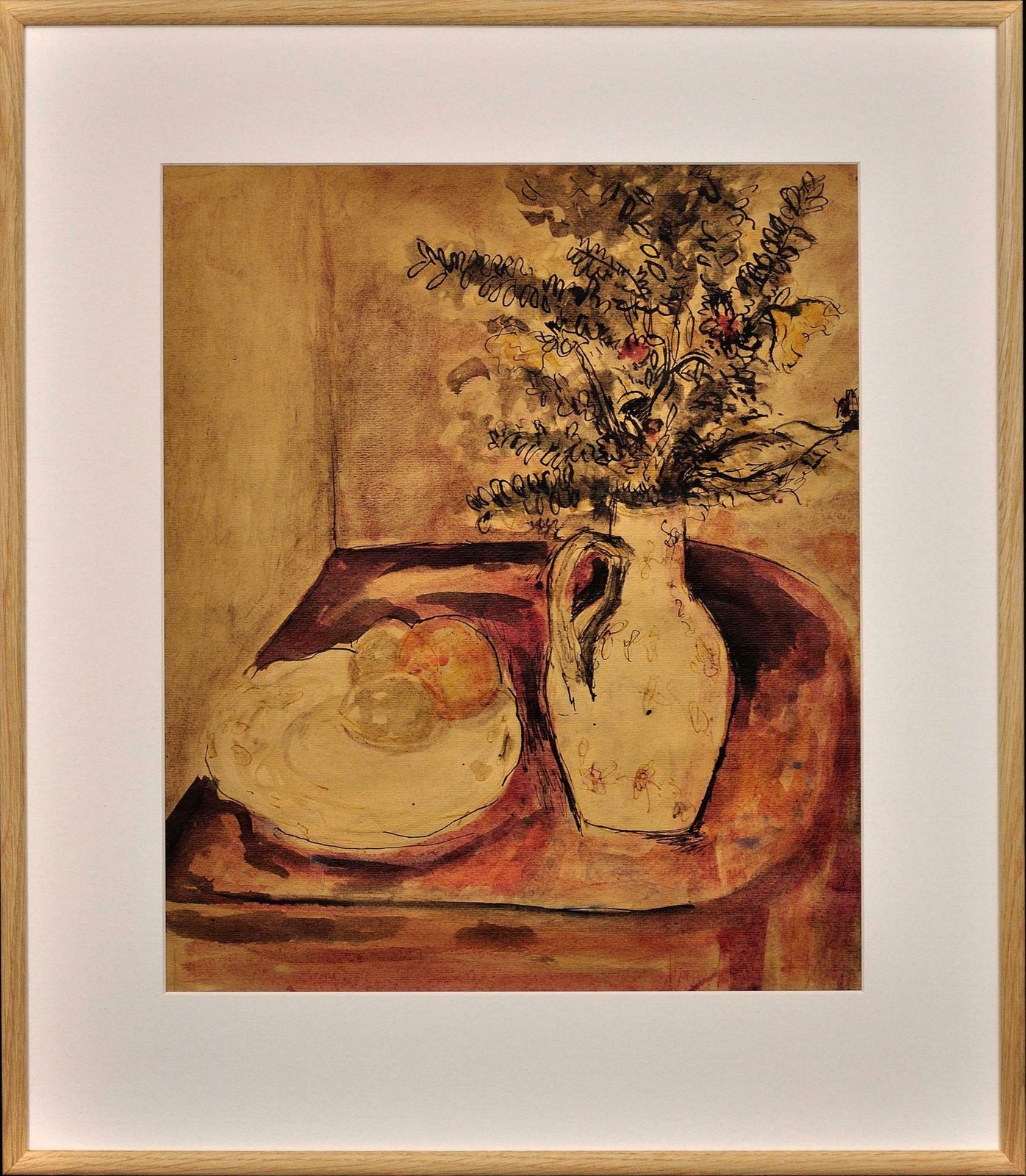 James Tower 1919 To 1988. English. Still Life Of Flowers In A Jug And A Plate Of Fruit. Framed Wartime Watercolour By A Renowned Ceramics Artist.