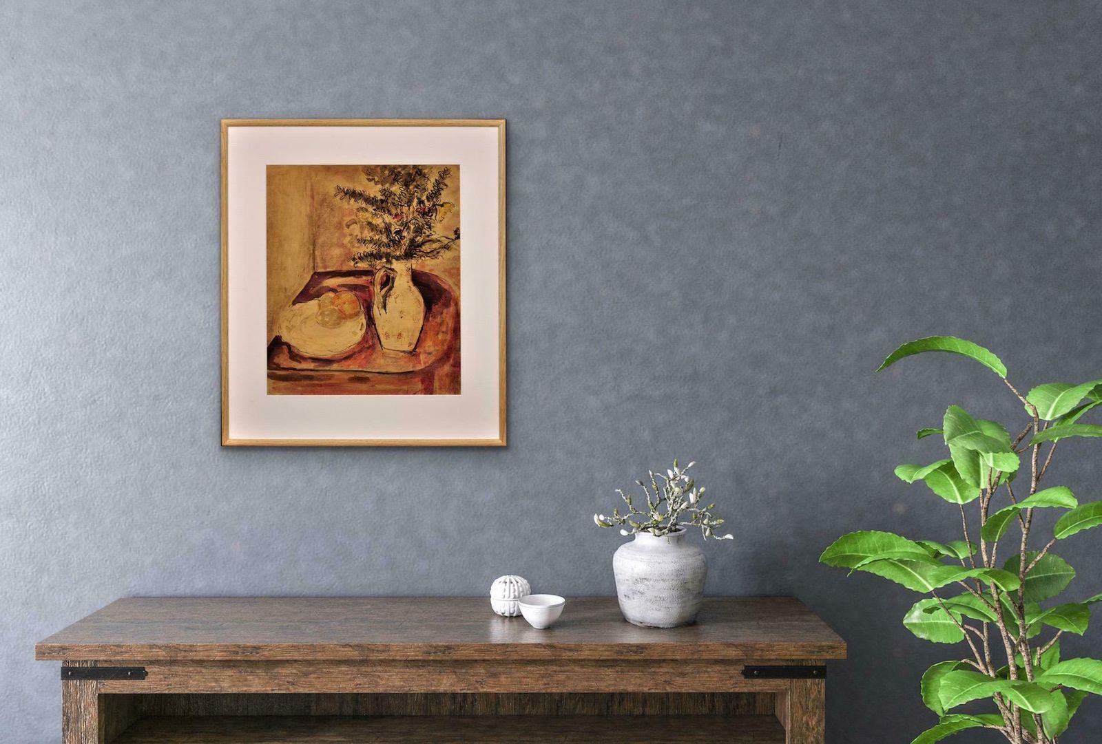 James Tower 1919 To 1988. English. Still Life Of Flowers In A Jug And A Plate Of Fruit. Framed Wartime Watercolour By A Renowned Ceramics Artist. photo 2935.0