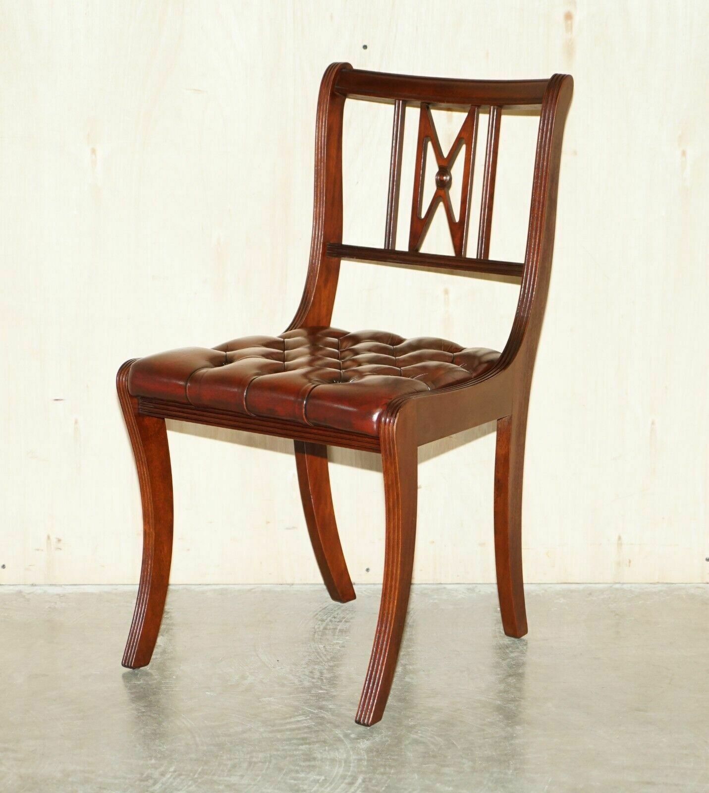 photo vinterior Six Vintage Restored Hand Dyed Brown Leather Chesterfield Tufted Dining Chairs