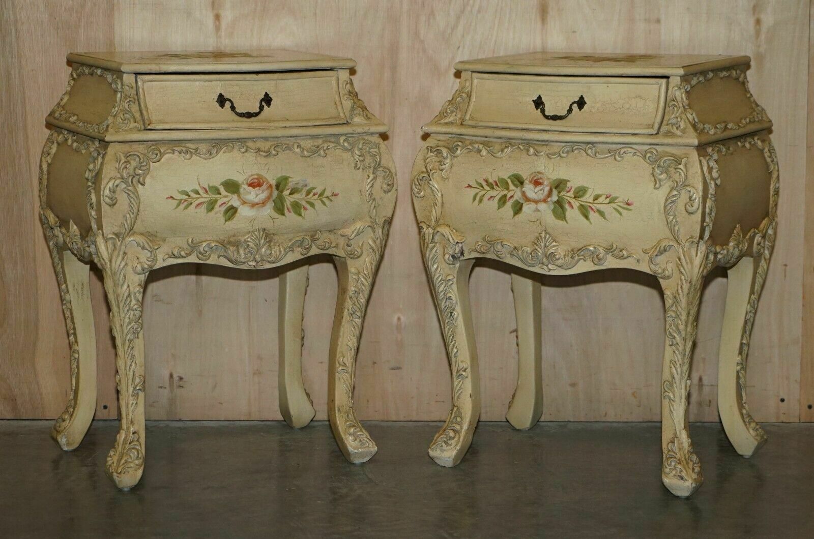 Pair Of Vintage Hand Painted French Bombe Bedside / Side End Table Size Chests photo furniture