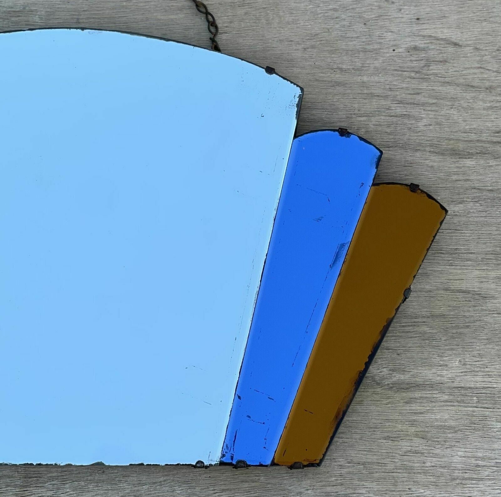 Sublime Antique 1930's Art Deco New York Fan Mirror Orange & Blue Foxed Plate photo 1500.0