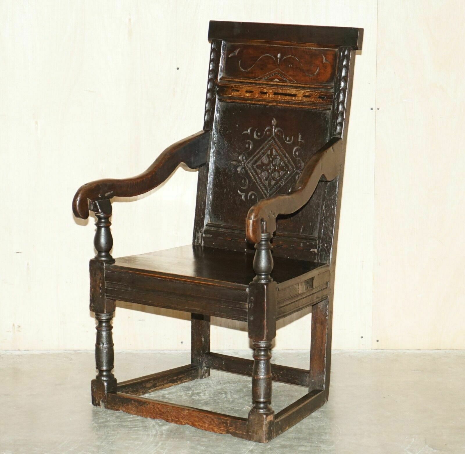 Antique 17th Century Jacobean Hand Carved English Oak Armchair Tudor Panelling