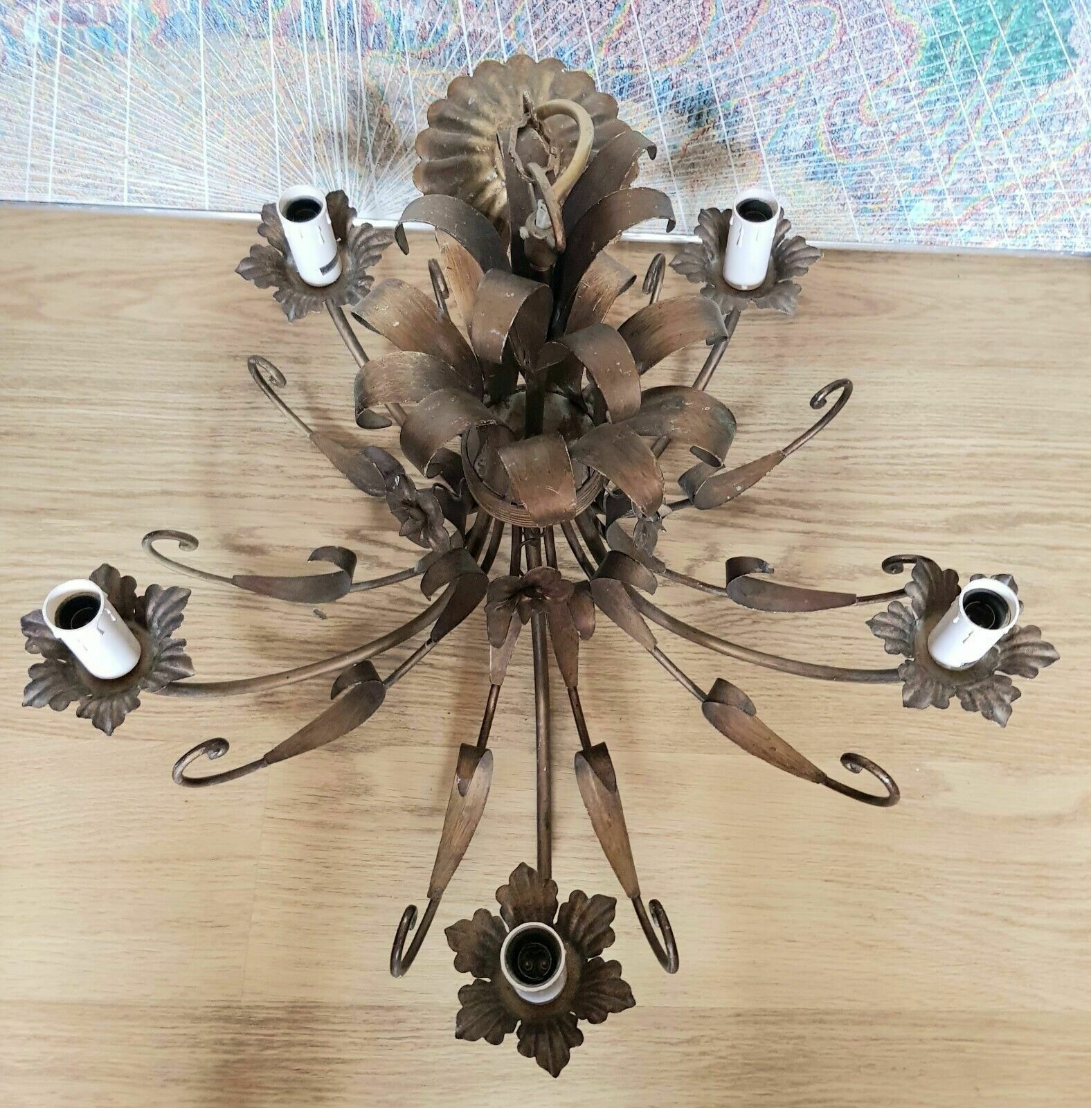 Vintage Tole Toleware Gilt Wheatsheaf French Chandelier photo for sale