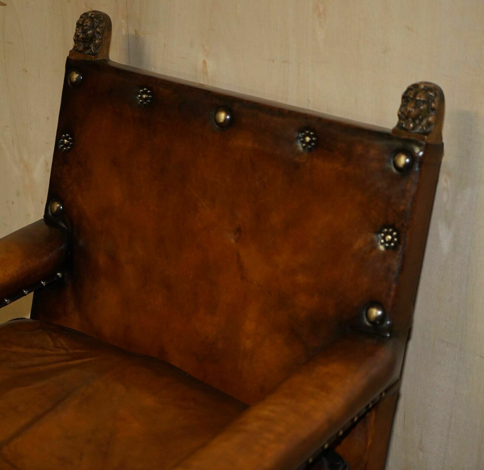 Fully Restored Edwardian Circa 1910 Hand Dyed Brown Leather Lion Carved Armchair photo for sale