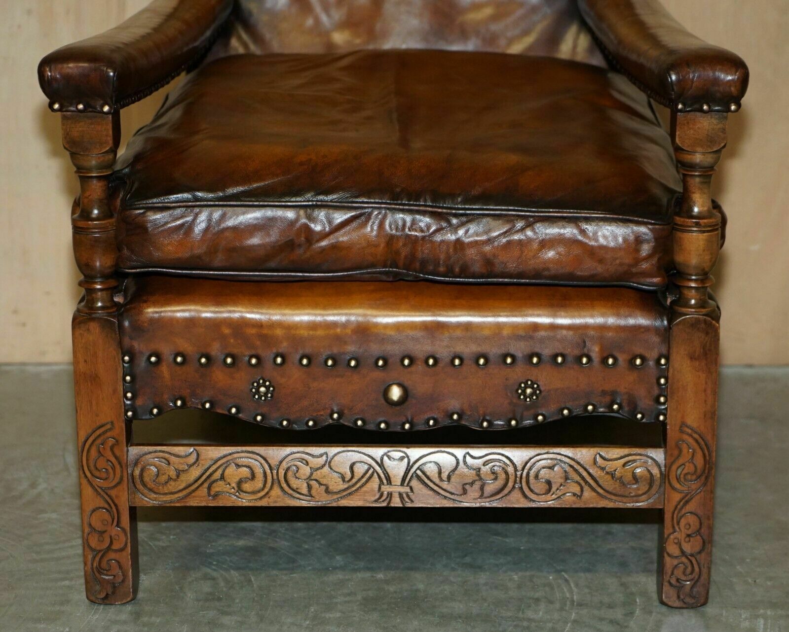 Fully Restored Edwardian Circa 1910 Hand Dyed Brown Leather Lion Carved Armchair photo Furniture