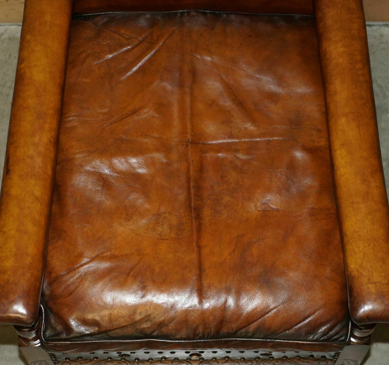 photo for sale Fully Restored Edwardian Circa 1910 Hand Dyed Brown Leather Lion Carved Armchair
