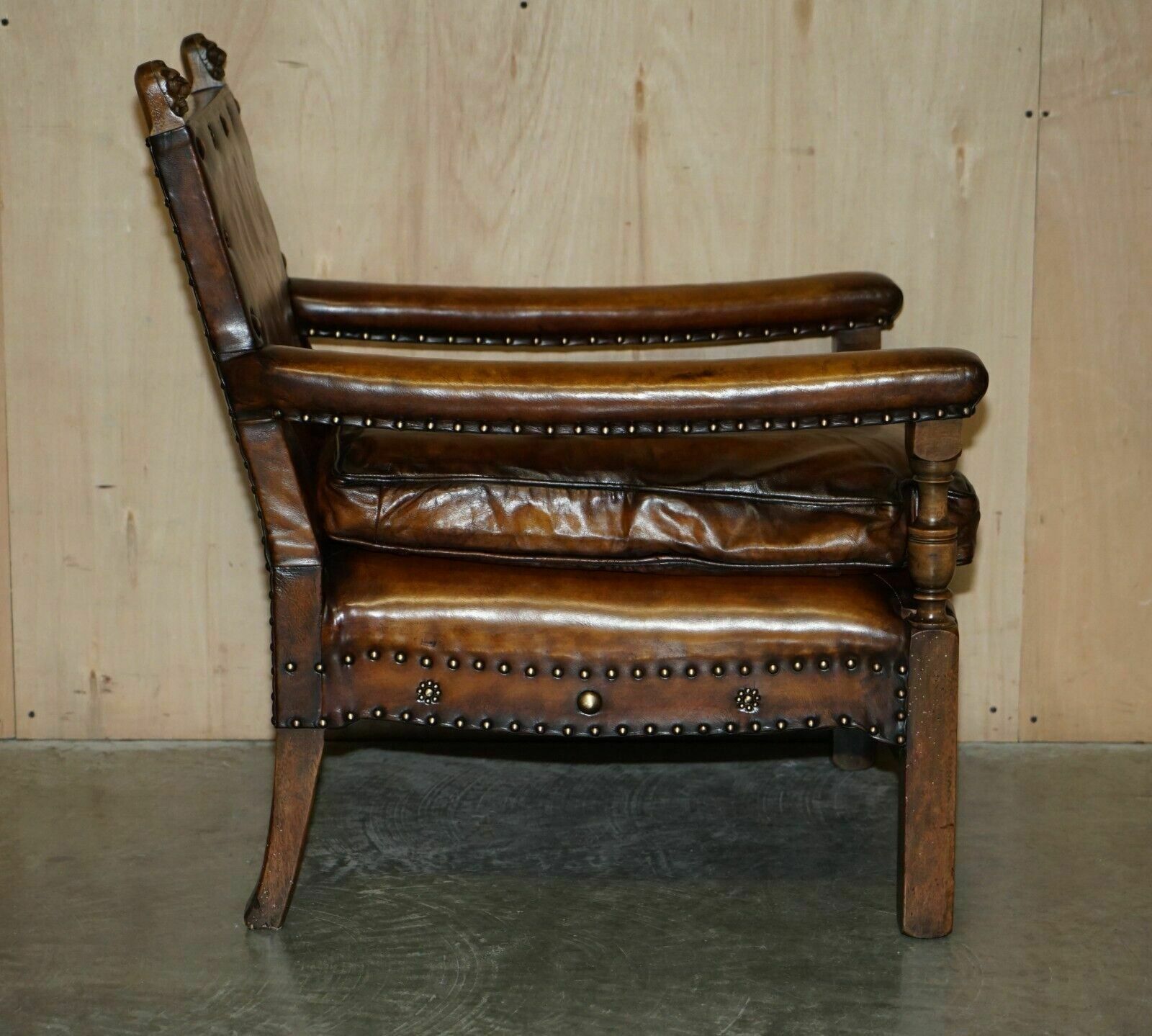 photo vinterior Fully Restored Edwardian Circa 1910 Hand Dyed Brown Leather Lion Carved Armchair