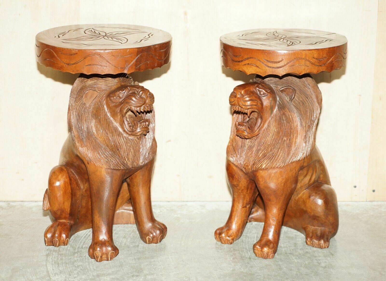 Pair Of Vintage Hand Carved Male Lion Stools With Ornate Decoration All Over