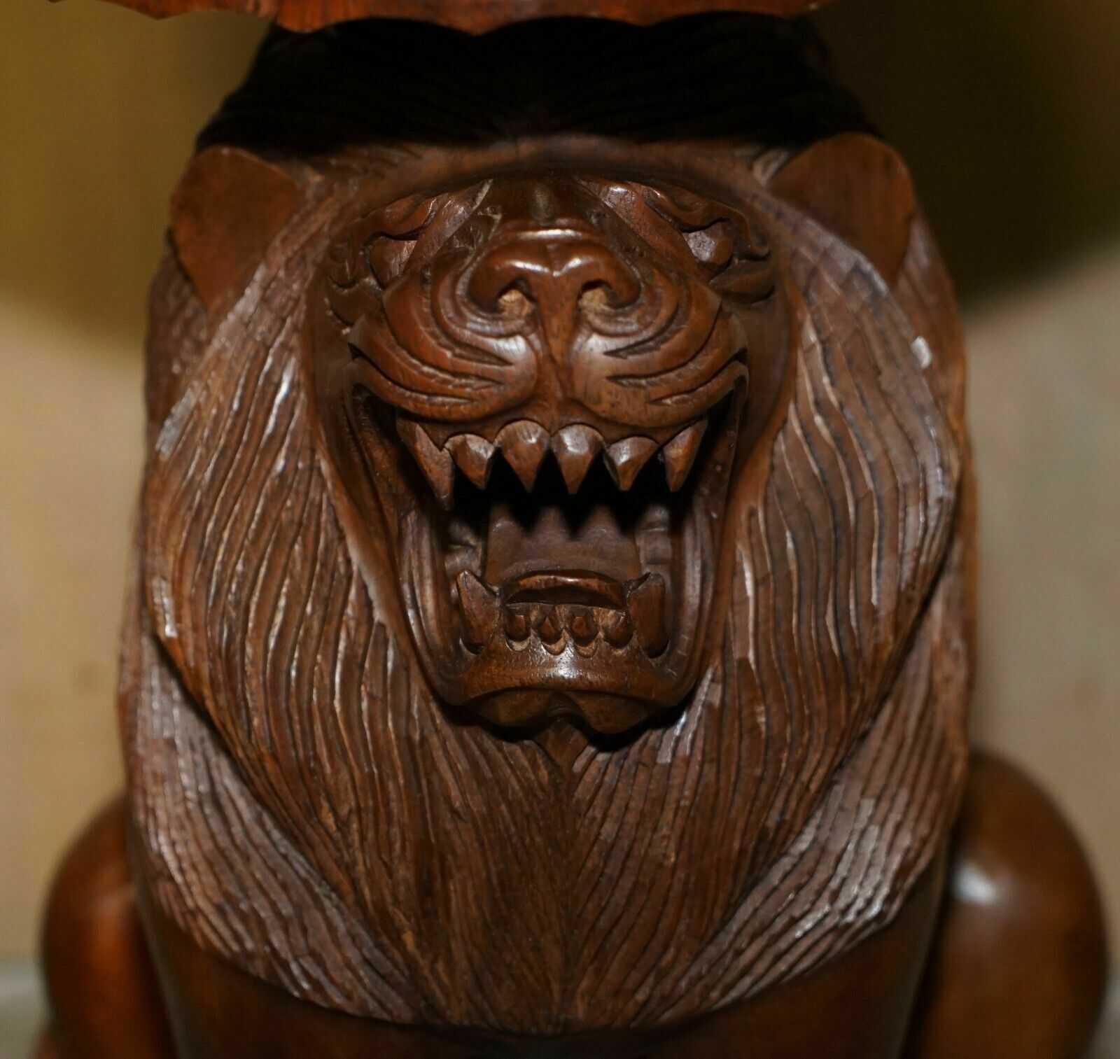 Pair Of Vintage Hand Carved Male Lion Stools With Ornate Decoration All Over photo buy