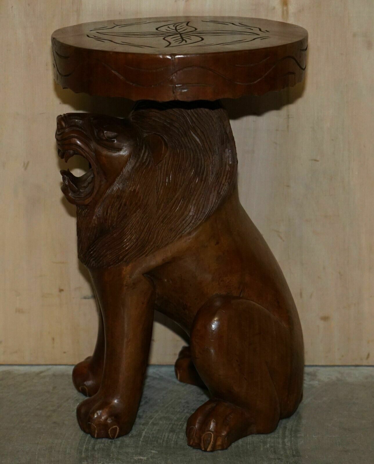 photo buy Pair Of Vintage Hand Carved Male Lion Stools With Ornate Decoration All Over
