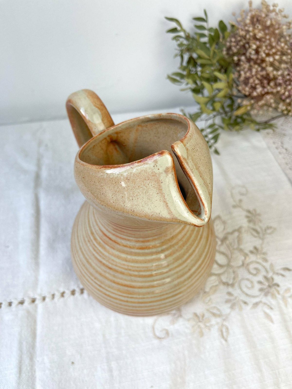 Vintage Glazed Stoneware Pitcher   Beige Sandstone Carafe   Ceramic Pitcher   Vase   Ceramic Stoneware Jug   Vintage Stoneware Tableware photo Home Decor
