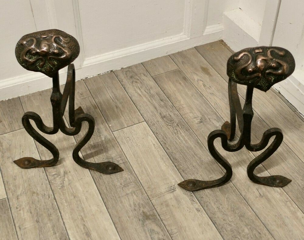 A Pair Of Arts And Crafts Copper And Iron Andirons Or Fire Dogs photo Home Fixtures