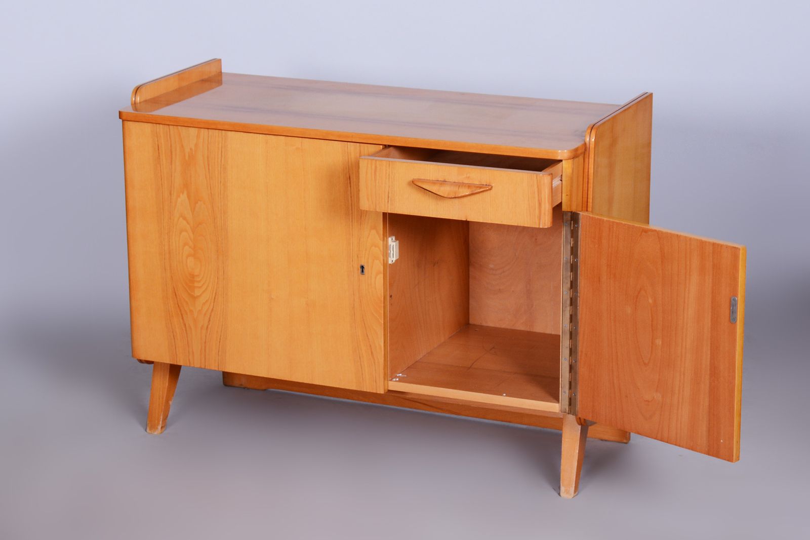 Original Mid Century Ash Small Cabinet Made By Tatra Pravenec, Original Well Preserved, High Gloss, Czechia, 1950s photo Furniture