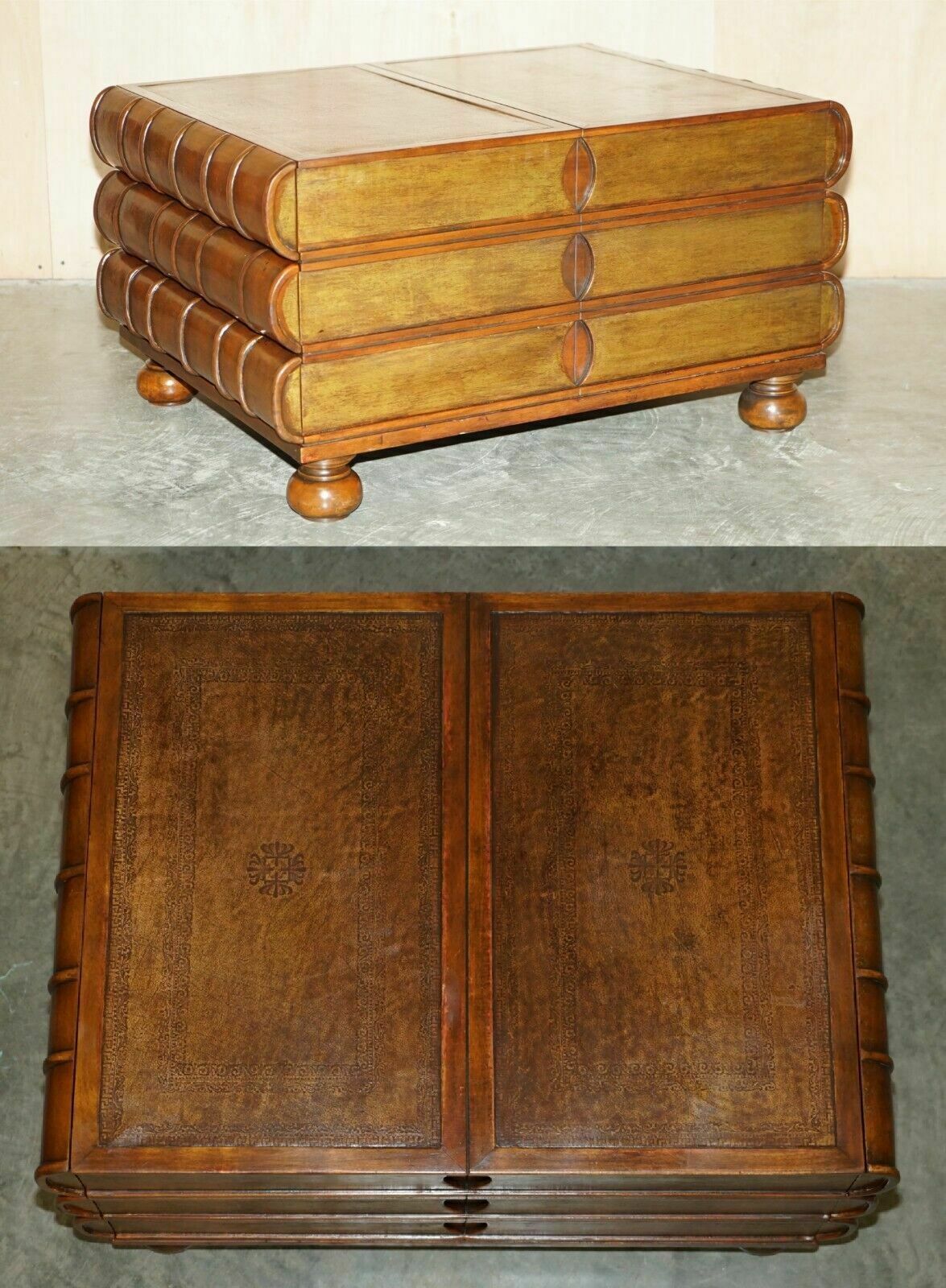 Large Six Drawer Stack Of Scholars Library Books Coffee Table Brown Leather Top