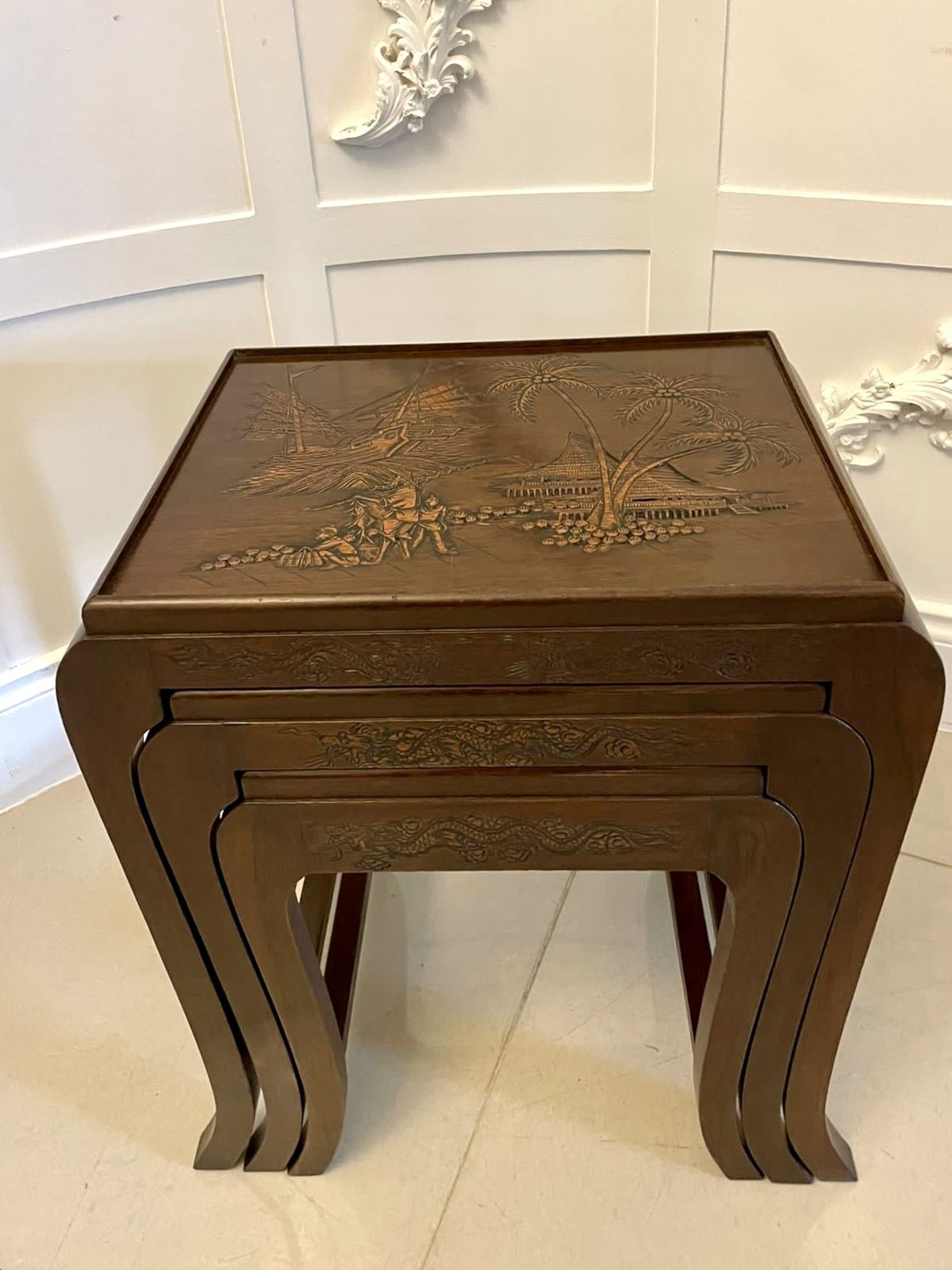 Antique Carved Teak Nest Of 3 Tables photo vintage