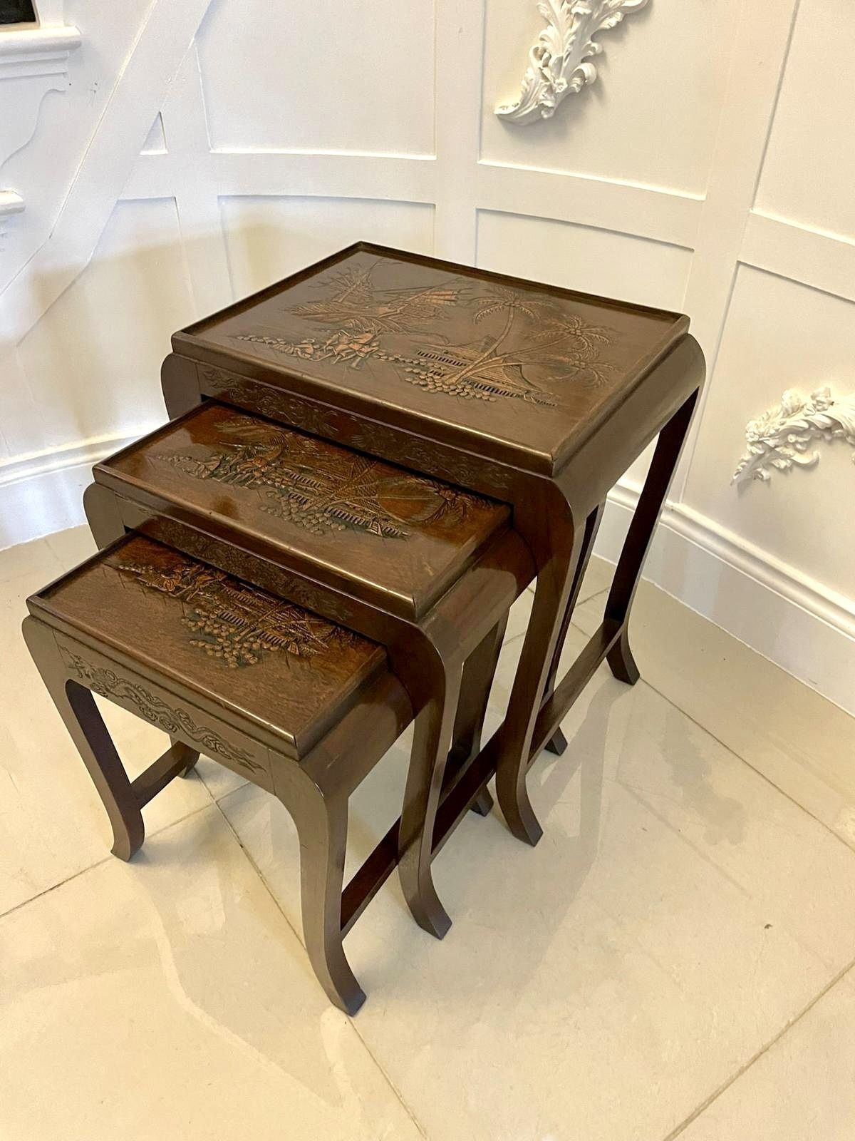 photo for sale Antique Carved Teak Nest Of 3 Tables