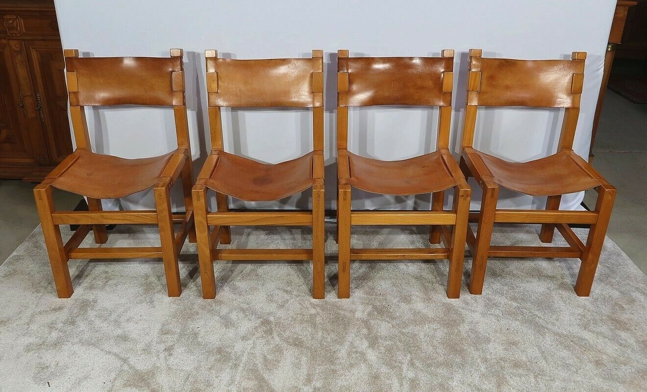 Set Of 4 Chairs In Solid Elm And Leather, Maison Regain – 1970 photo furniture