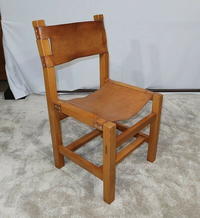 Set Of 4 Chairs In Solid Elm And Leather, Maison Regain – 1970 photo vintage