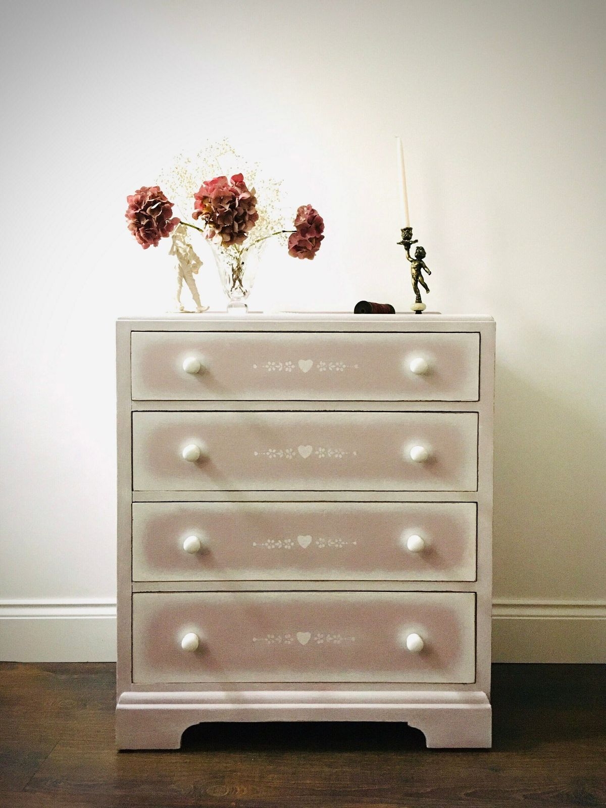 Vintage Hand Painted Pink Chest Of Drawers. Folk Art Style With Floral Romantic Details. Large Painted Chest Of Drawers.