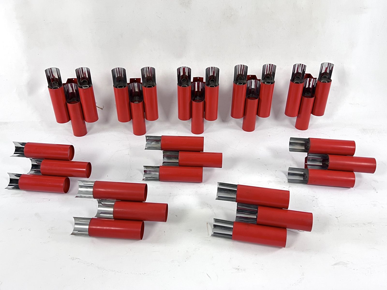 Rare Set Of 10 Mid Century Red And Chrome Wall Lamps By Stilnovo. Italy 1970s photo for sale