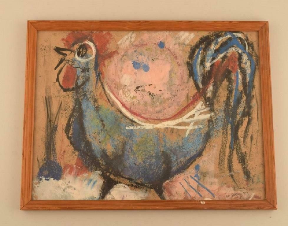 Mette Doller, Danish Artist, Mixed Media Art On Paper, Rooster, Dated 1959