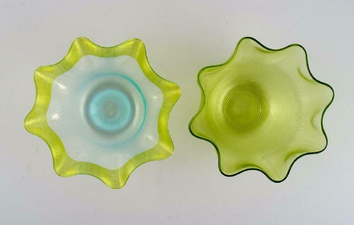 Scandinavian Glass Artist. Plate And Two Bowls In Mouth Blown Art Glass. photo for sale