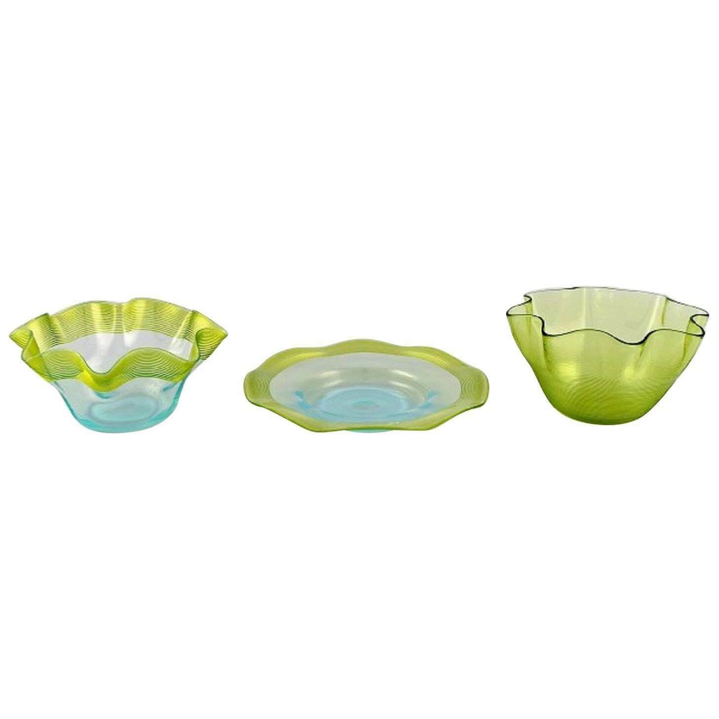 Scandinavian Glass Artist. Plate And Two Bowls In Mouth Blown Art Glass. photo buy