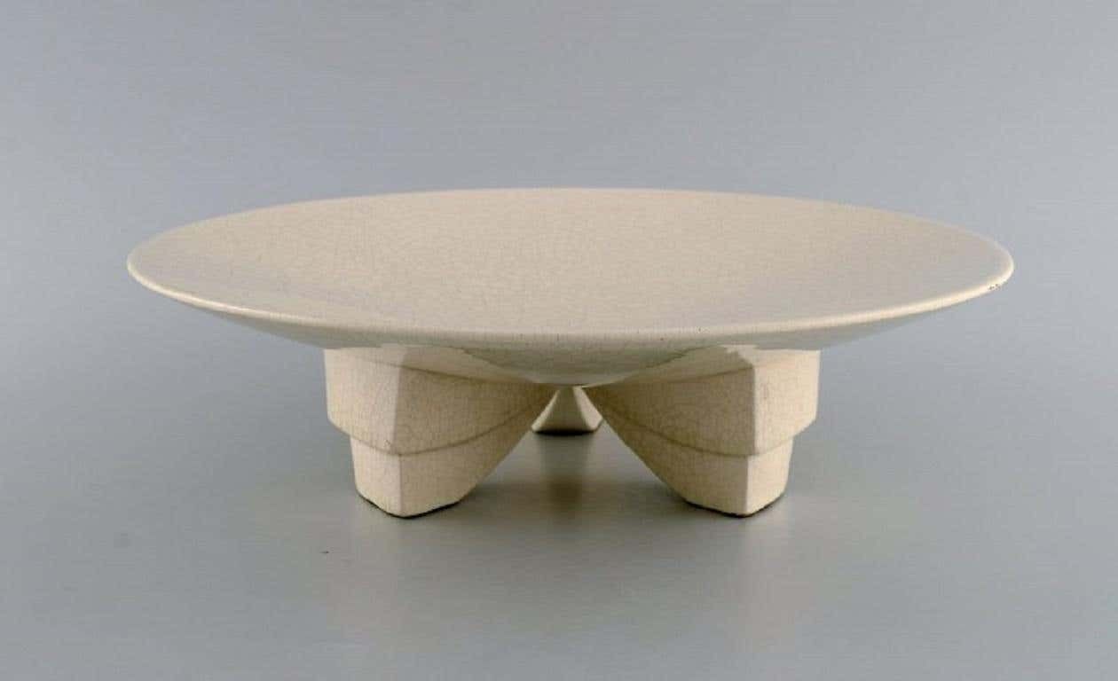 Longwy, France, Art Deco Bowl In Glazed Stoneware On A Tripod, 1940s photo vinterior