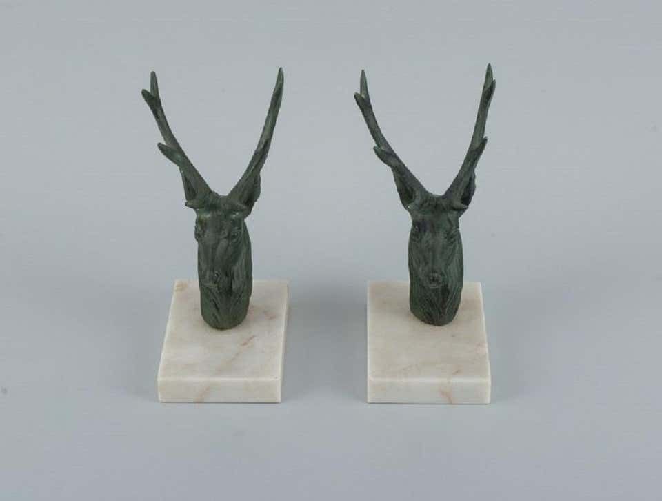 Pair Of French Art Deco Bookends. Stags In Patinated Metal On A Marble Base photo furniture