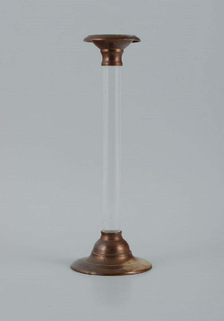 French Candle Holder In Brass And Clear Glass In A Modernist Design.